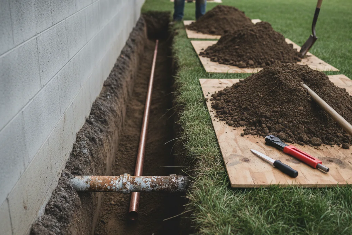 Excavated water line trench during Water Heater Repair in Belfast